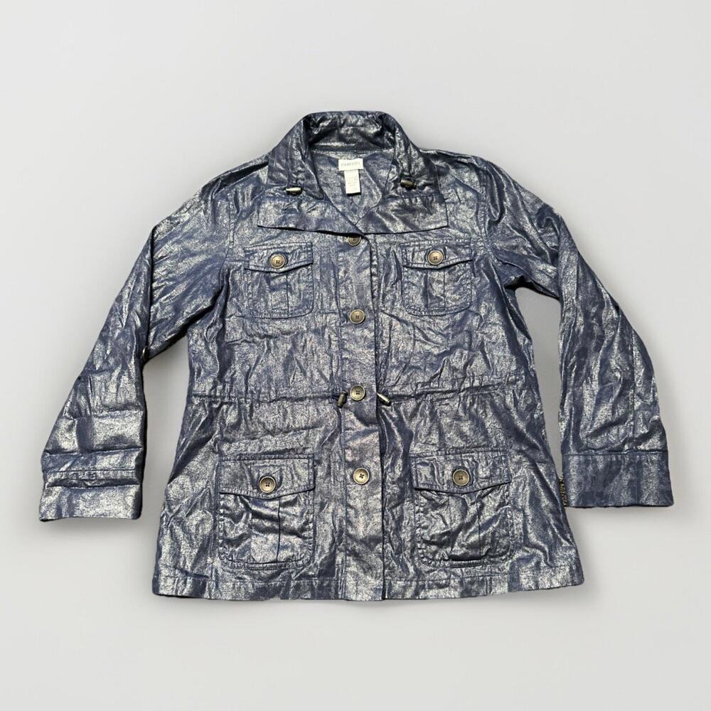 Chico's Woman’s‎ Size 1 Jacket Blue Collared Buttons Shiny Shell